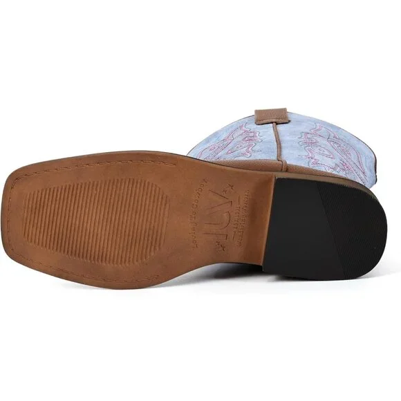 Women Light Blue Square Toe Western Mid Calf Embroidered Cowgirl Pull On Boots - Picture 5 of 5